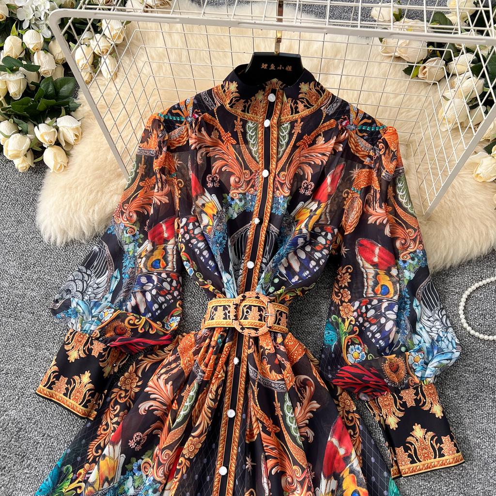 Spring Summer Women Vintage Palace Print Runway Dress Oversize Loose Long Maxi Party Dresses