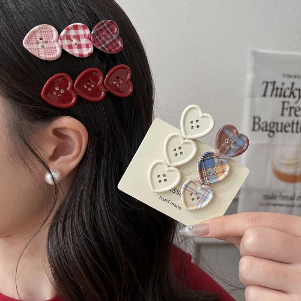 Non Slip Heart Hair Clip Plaid Pattern Button Hair Clip Fashion Plaid Hair Clip Gifts
