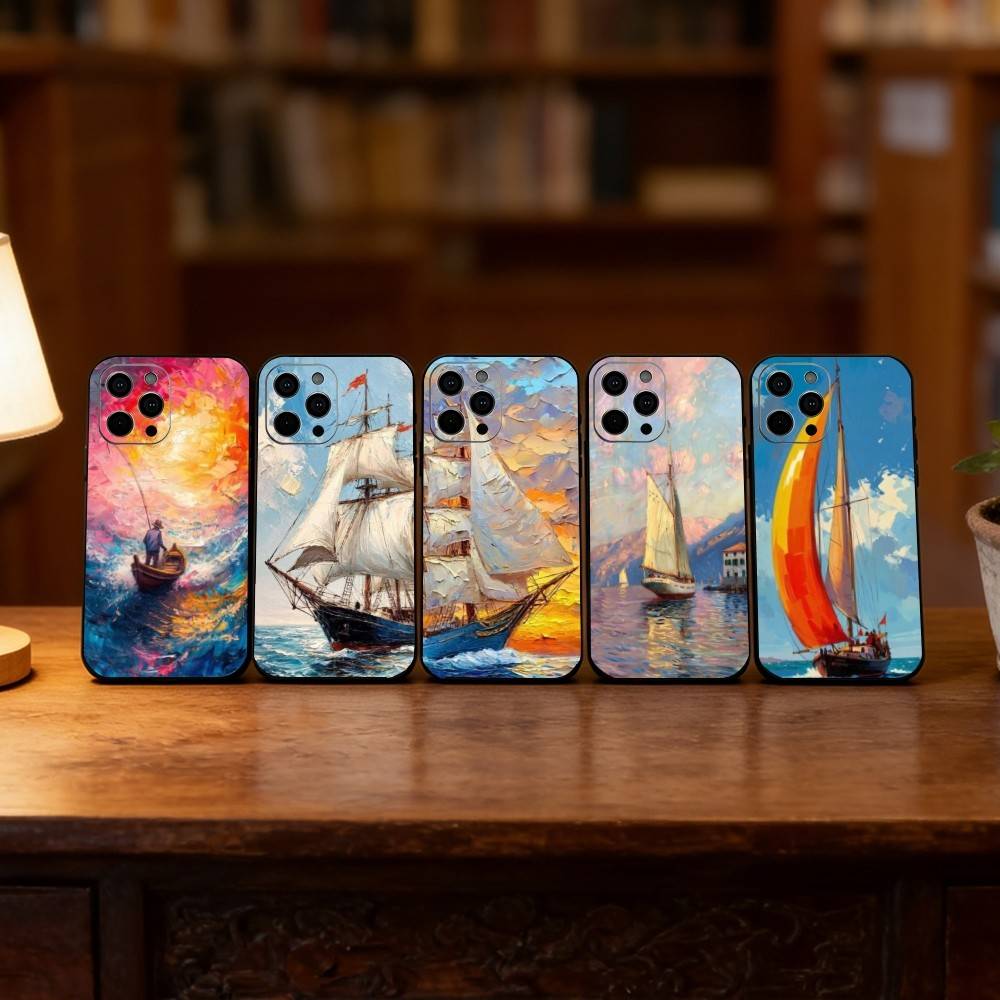 Масляная живопись парусник Чехол для телефона для iPhone 17,16,15,14,13,12,11 Plus,Pro Max,XS,Мягкий силиконовый черный чехол