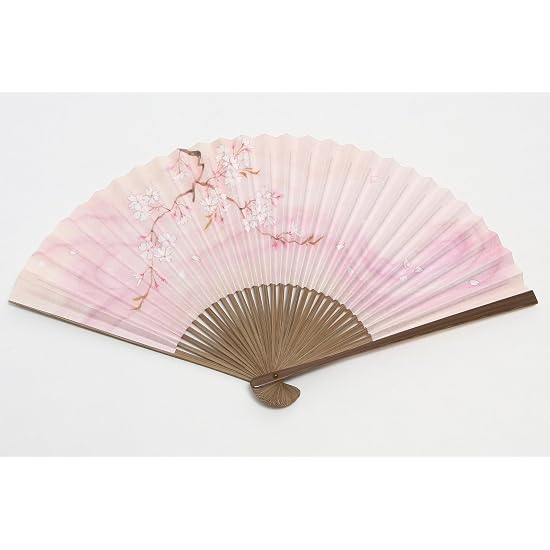 [Hasegawa] Kyoto Folding Fan, Cherry Blossom Pattern, Pink, Carved Dark Wood Ribs, Double-Sided Desi