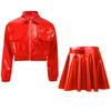 Girls Metallic Hip Hop Jazz Dance Turn Down Collar Long Sleeve Zipper Jacket Elastic Waistband Flared A-Line Skirt