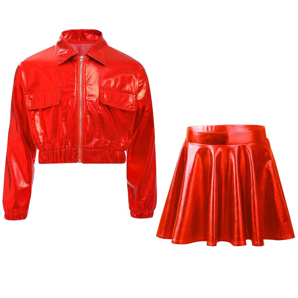 Girls Metallic Hip Hop Jazz Dance Turn Down Collar Long Sleeve Zipper Jacket Elastic Waistband Flared A-Line Skirt