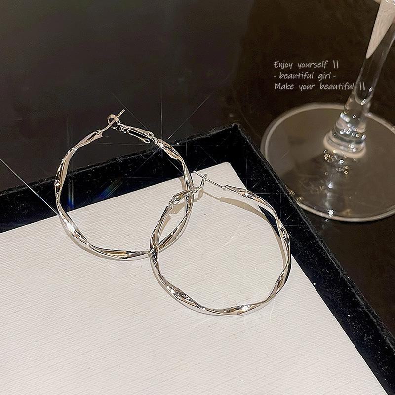 S925 Silver Needle Large Twisted Metal Hoop Earrings for Women - European & American Light Luxury Style