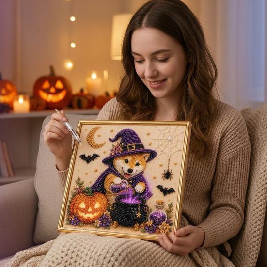 Unique Handmade Gift Idea Halloween Faux Pearl Painting Kit, Puppy Ghost 3D Art Craft Stress Relief for Adults Beginners, Home Wall Decor, DIY