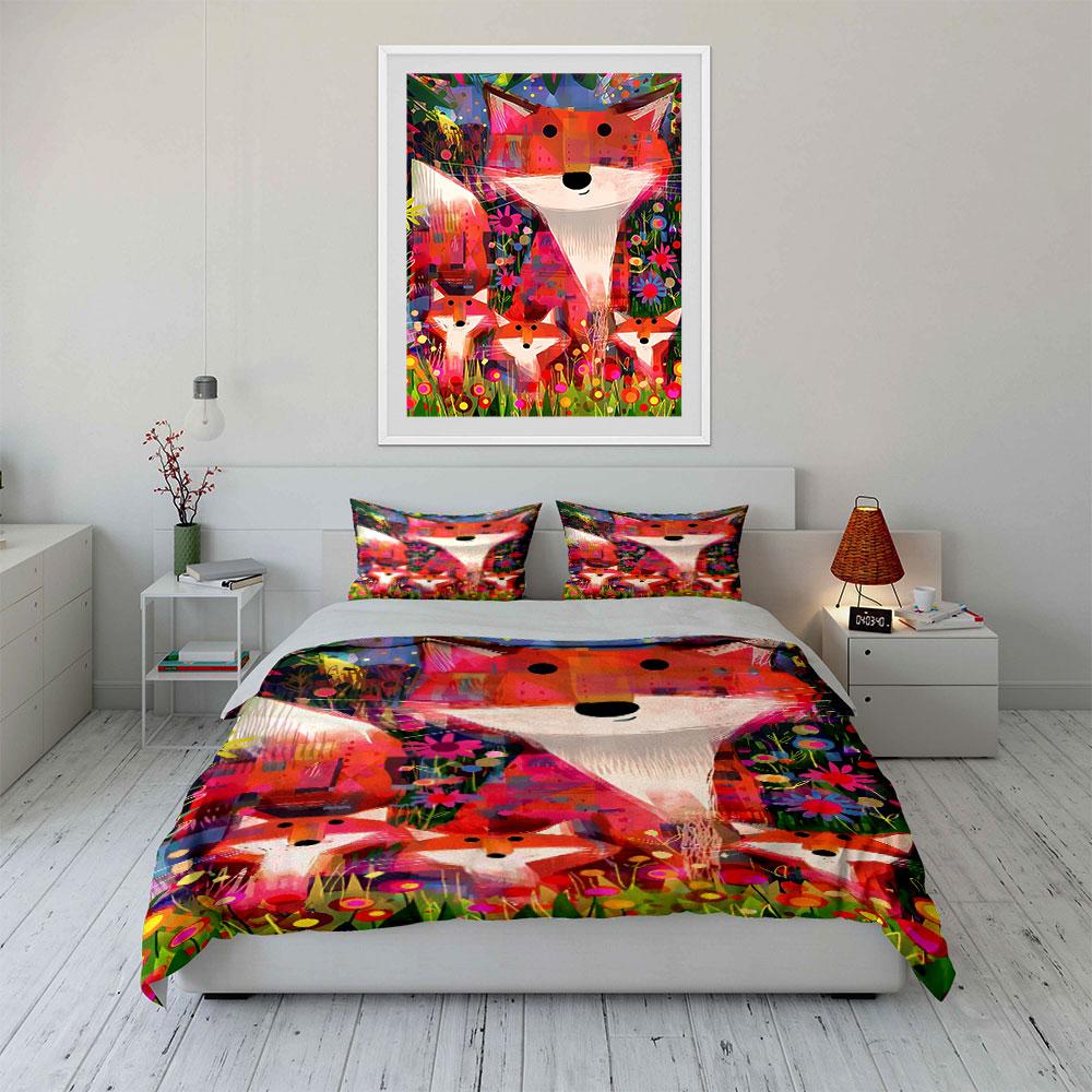 Foxes and colorful flowers. Bedding sets Duvet cover sets Duvet covers Pillowcases(1 * Duvet Cover 2 * Pillowcases without duvet insert)