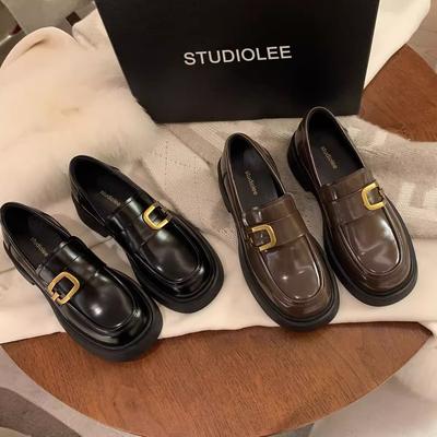 Версия из коровьей кожи~ Виноградная мама натуральная кожа благородная золотая пряжка квадратный круглый носок британский стиль ленивые лоферы на толстом каблуке женские маленькие кожаные туфли