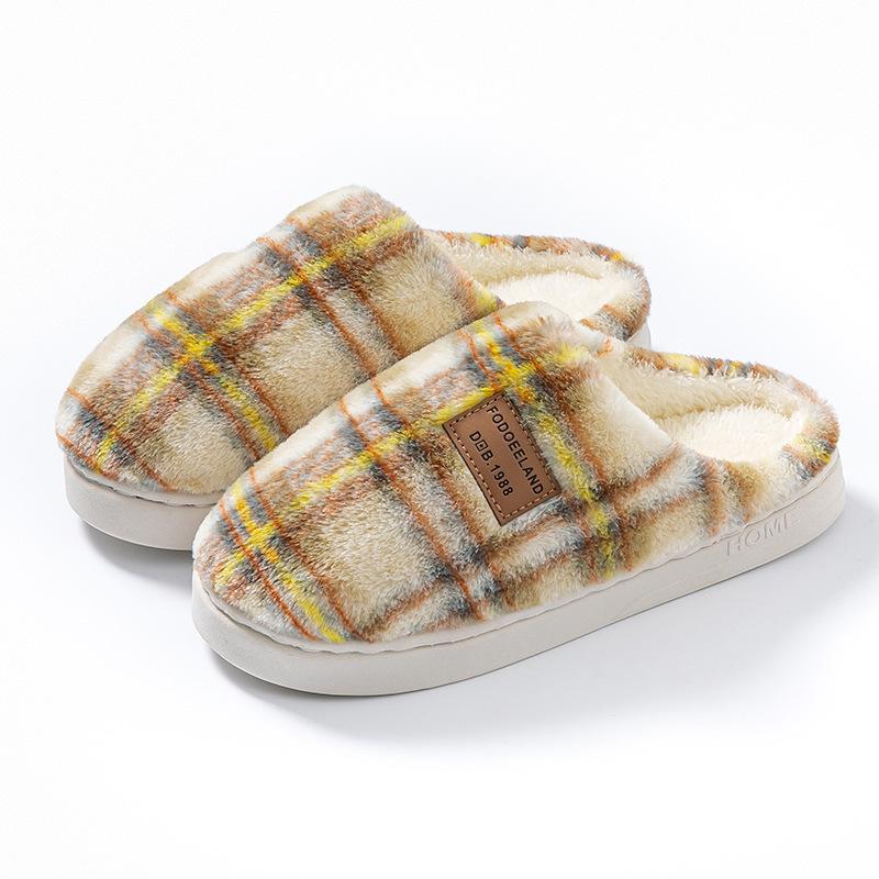 Color Matching Cotton Slippers Men's Autumn and Winter Indoor Home Thick Bottom Velvet Warm Couple Confinement Wool Shoes Women