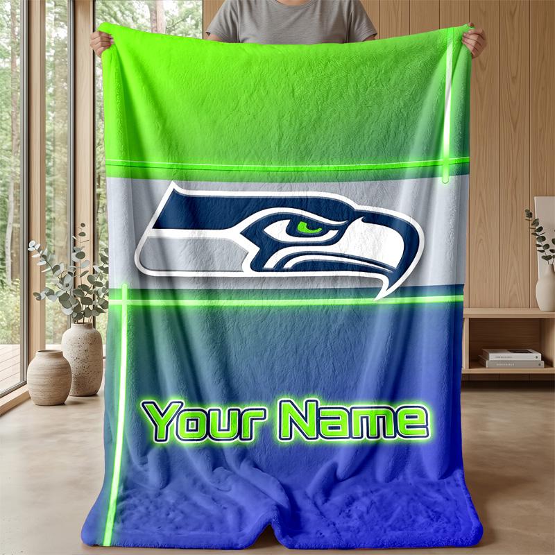 Seattle Seahawks Custom Flannel Throw Blanket Print Your Name Text Soft Warm Blanket Holiday Present