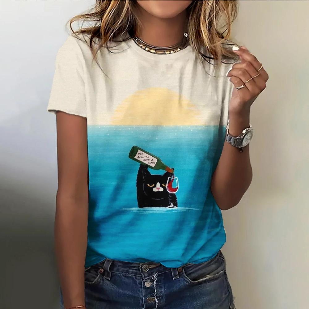 Fun and Cute Cat 3D Printed Women's Loose and Fashionable Round Neck Short Sleeved T-shirt