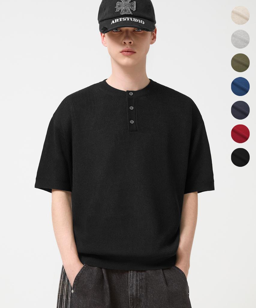 TRILLION Washable Linen Crop Henley Neck Short Sleeve Knit_7Color (C Type)