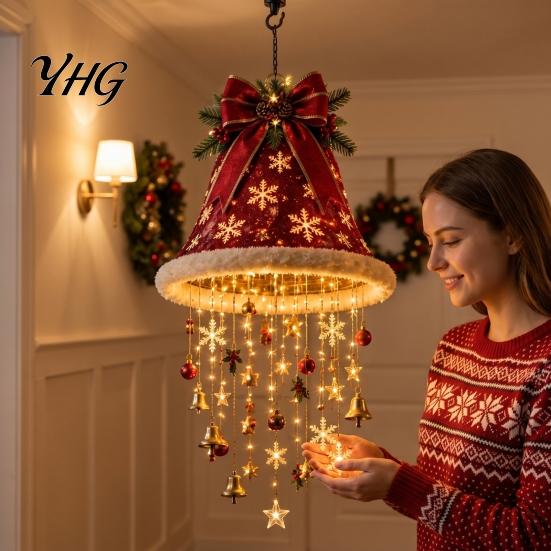 Decorative Holiday Lights Lighted Christmas Ceiling Hanging Decor, Pre-Lit Tree Bell Pendant with Big Decor Warm LED, Porch Doorway Ornament,