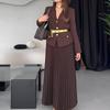 Women's Dark Brown Blazer Set with Gold Buttons and Wide Belt, Matching Pleated Skirt, Elegant Office Wear