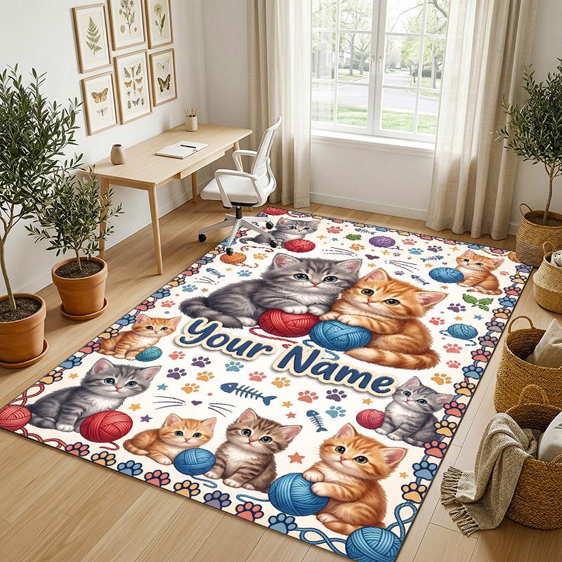 Cat Theme Crystal Velvet Rug Personalized Custom Name Text Soft Floor Mat Home Decor