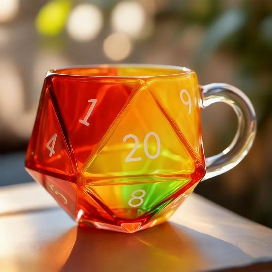 Rainbow D20 Dice Mug with Handle Colorful Polyhedral Glass Coffee Cup for Gamers Unique Gift for Tabletop RPG Fantasy Enthusiasts