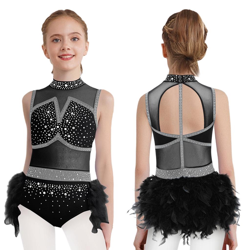 Girls Jazz Latin Dance Costume Shiny Rhinestones Color Block Leotard with Feather Skirt Sleeveless Cutout Back