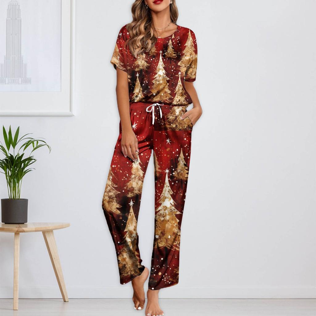 Женский шелковый атласный пижамный комплект с рождественским принтом, рубашка с коротким рукавом и длинные пижамные штаны, мягкая домашняя одежда
