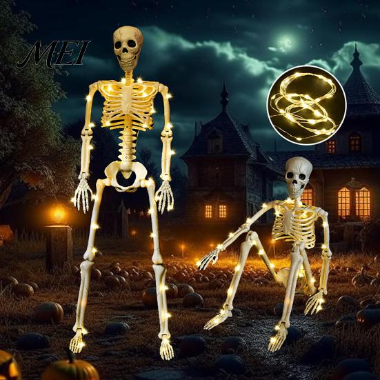 Life Size Posable Skeleton 36 Inches LED Light Up Halloween Skeleton, 3FT Full Body Props Plastic Human Bones with Movable Joints for Haunted