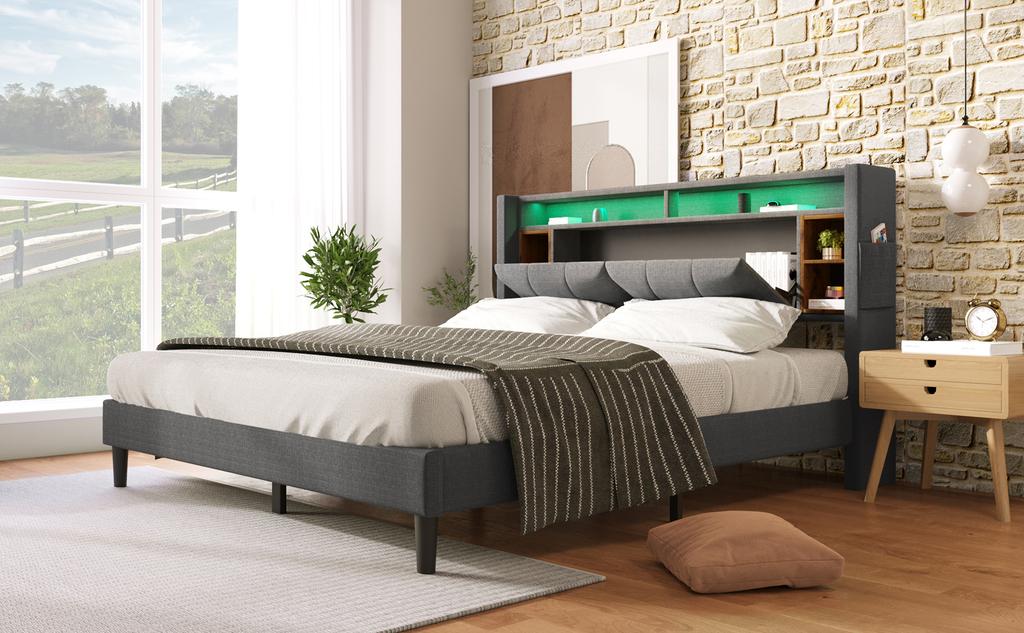 Upholstered Bed Double Bed Storage Headboard with Charging USB and LED Lighting Bed Frame Slatted Base of Wood, 140*200CM Grey (Without Mattress)