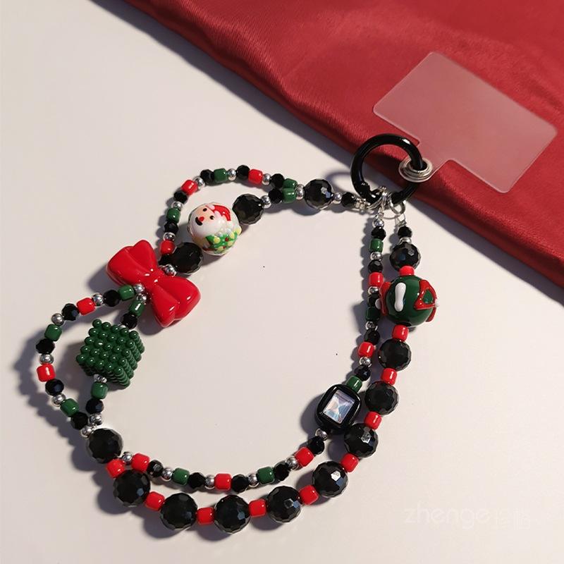 Mobile phone lanyard Christmas bow double chain women's wrist mobile phone pendant lanyard short hand rope handmade beaded chain