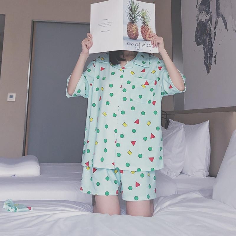 WeChat new short-sleeved pajamas women's summer lapel cute geometric loungewear Japanese and Korean popular shorts set