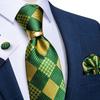 Fashion Men Tie Teal Green Plaid Silk Wedding Tie for Men Hanky Cufflinks Gift Ring Tie Set Suit Business Party