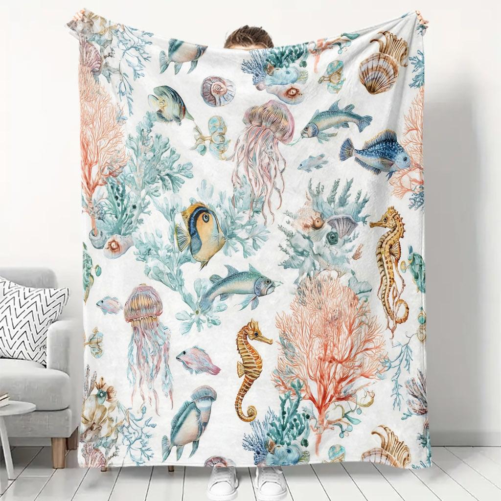 A Cozy Fleece Blanket Featuring Marine Life Patterns, Made from 100% Polyester with High-Definition Digital Printing, Suitable for All Seasons, a Cool