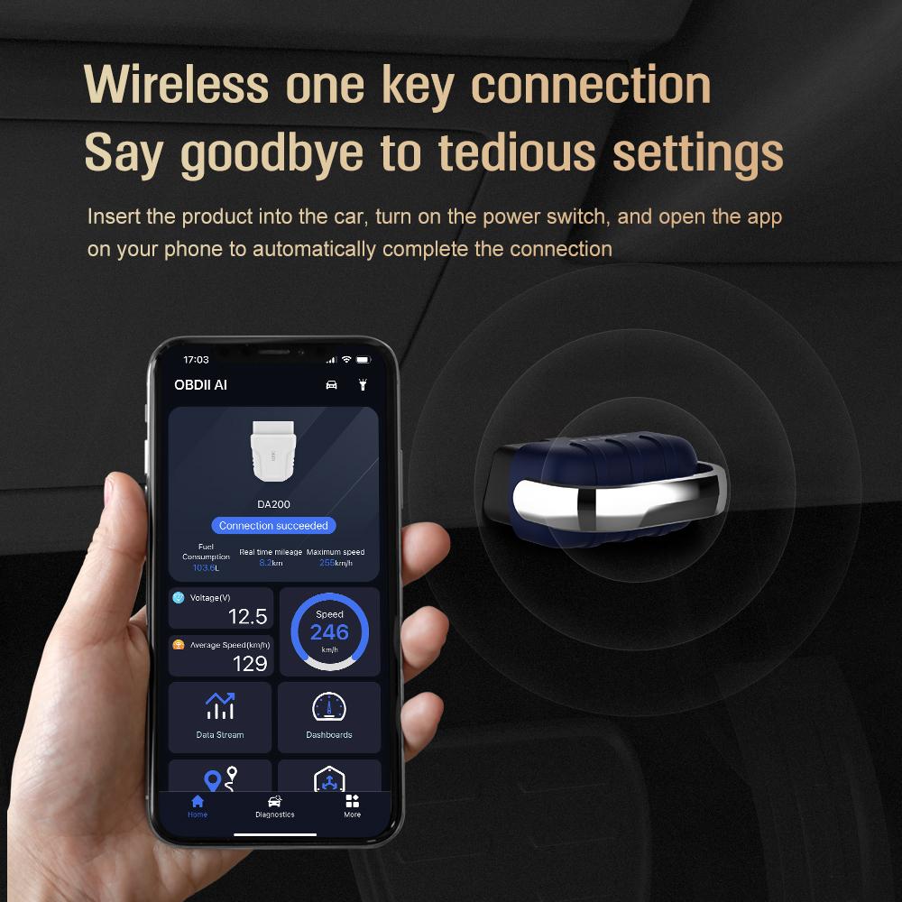 Bluetooth OBD2 Сканер Диагностический Инструмент с ИИ-Руководствами по Ремонту, Беспроводной OBD2 Сканер с Тестом Аккумулятора и Готовностью Live Data, для iOS и Android/Бесплатное Приложение