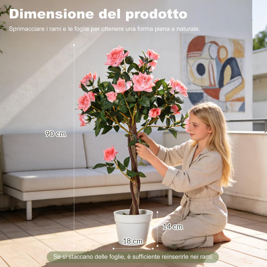 Fake Rose Plant with 21 Flowers in a Cement and Moss-Filled Pot. 18x90cm. Pink