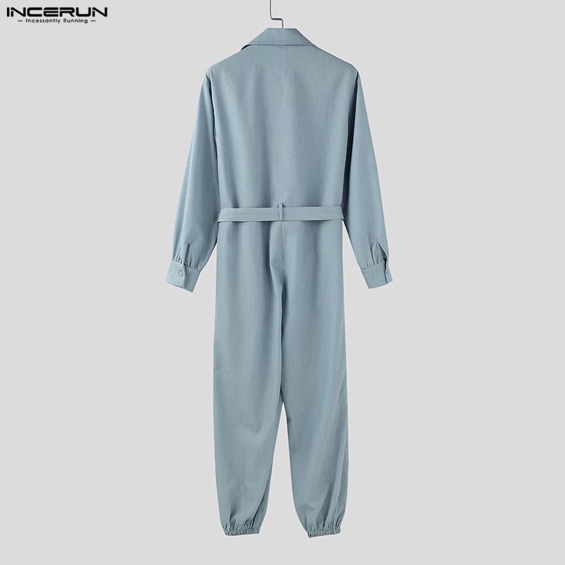 INCERUN Men Lapel Neck Long Sleeve Belt Solid Color Casual Buttons Long Jumpsuits Rompers