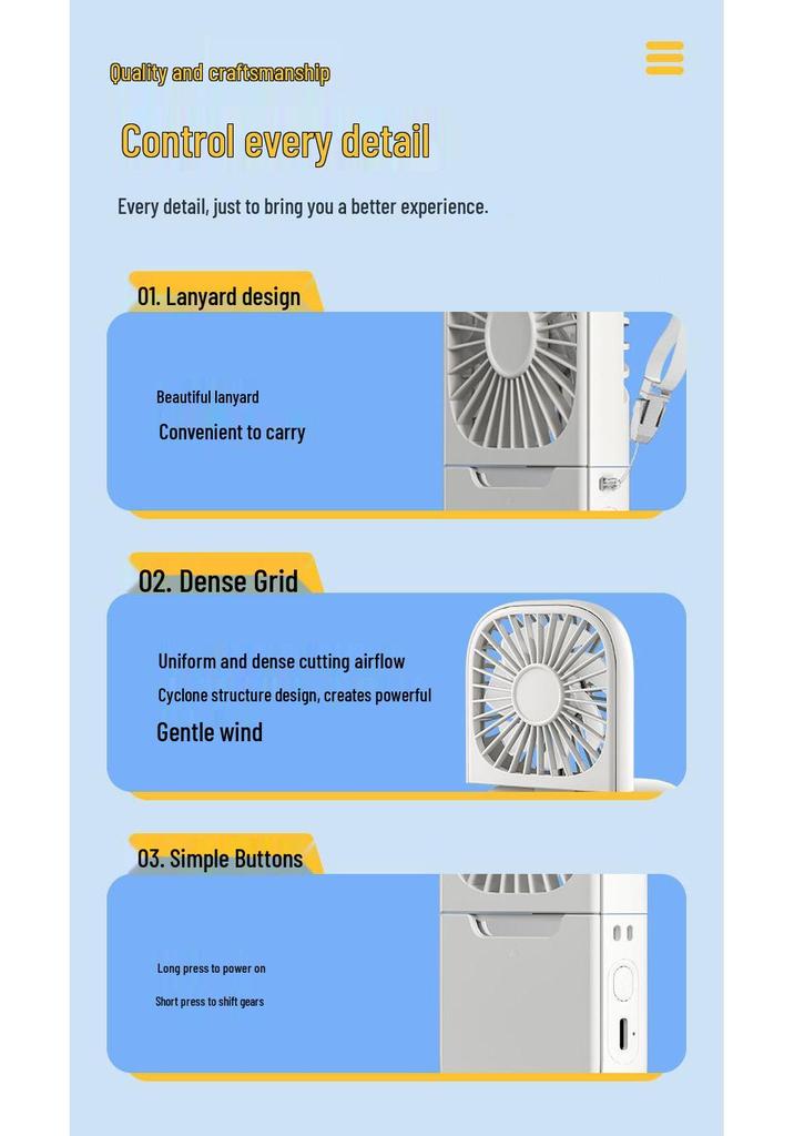 Rechargeable Handheld USB Fan - Portable Folding Mini Fan with Long Battery Life for Outdoor, Dorm, Office, or Neck Hanging Use.
