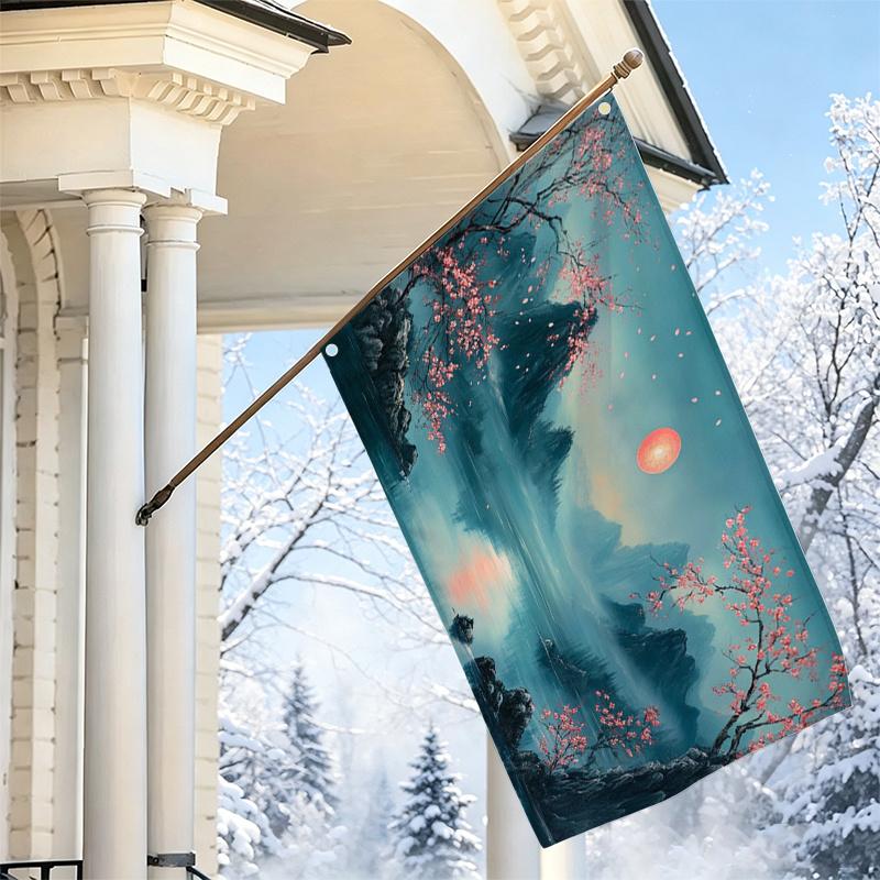 2D Flat, 1pc 2D Flat Decorative Flag, Oriental Ink Wash Landscape Painting with Peach Blossoms and Full Moon Pattern, Chinese Zen-Style Scenery Wall H