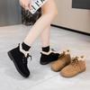 Leather Snow Boots Women's Cotton Shoes Autumn and Winter Soft-soled Piled Thickened Warm Fluffy Shoes Flat-soled Lace-up Short Boots