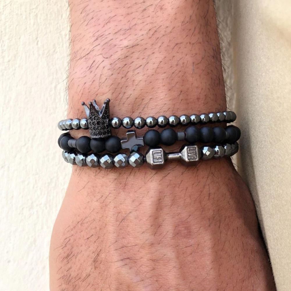 European and American jewelry fashion retro black matte bracelet zircon crown diamond ball dice lion head bead bracelet set