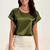 Women's T-Shirt Summer Elegant Solid Round Neck Rolled Short Sleeve Satin Silk Blouse Tops