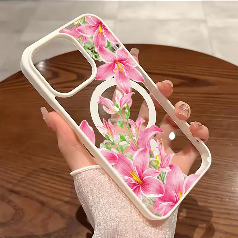 Прозрачный магнитный чехол для телефона с узором из розовых лилий для iPhone 17 16 15 14 13 12 Pro Max Plus 11 17Air 17E 16E Прозрачная крышка