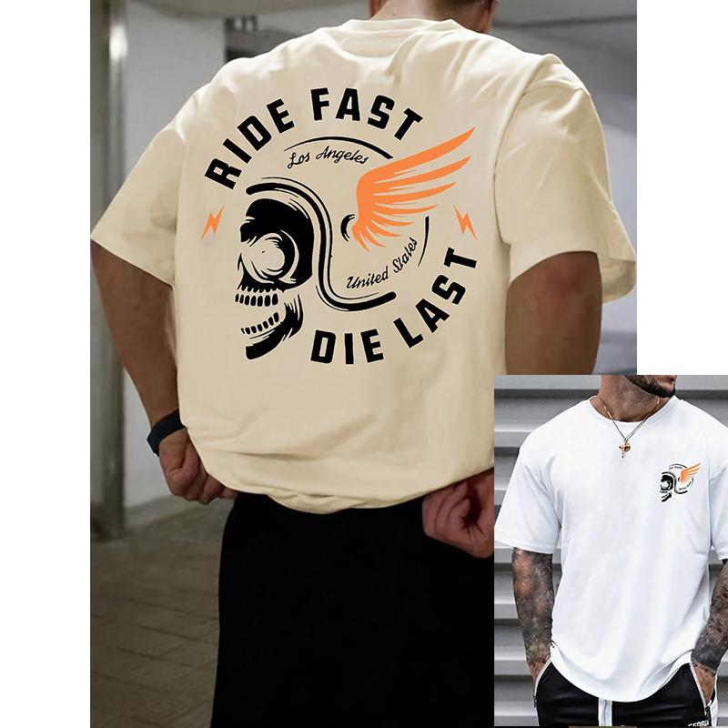 Мужская футболка RIDE FAST с рисунком черепа, повседневная летняя, с ярким принтом Ride Fast и дизайном в виде крыльев, с коротким рукавом, с круглым вырезом