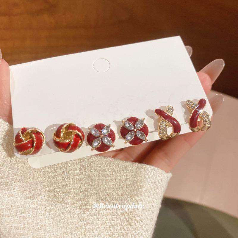 Серебряная Игла Алмазная Капля Масло Круглые Серьги-Гвоздики Набор Новогодние Красные Ретро Нишевые Серьги Легкая Роскошь Премиум Серьги Женские