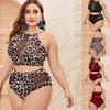 Plus Size Solid Mesh Swimsuit High Neck Halter Swimwear Women Sexy Patchwork Swimming Suit for Women Sexy Swimsuit High Waisted Bikini Two Piece