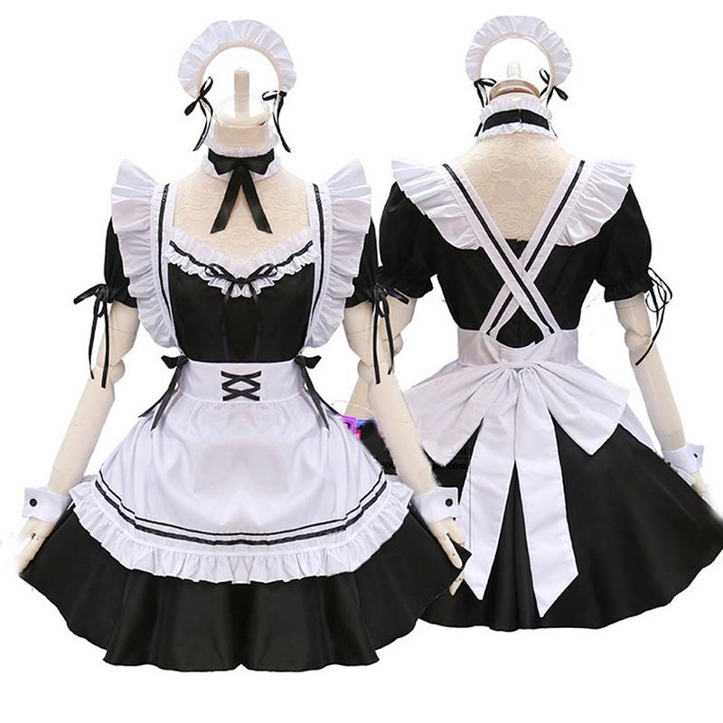 Black Cute Lolita Maid Costumes Girls Women Lovely Maid Cosplay Costume Dress