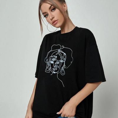 Женская повседневная черная футболка с круглым вырезом, коротким рукавом и принтом