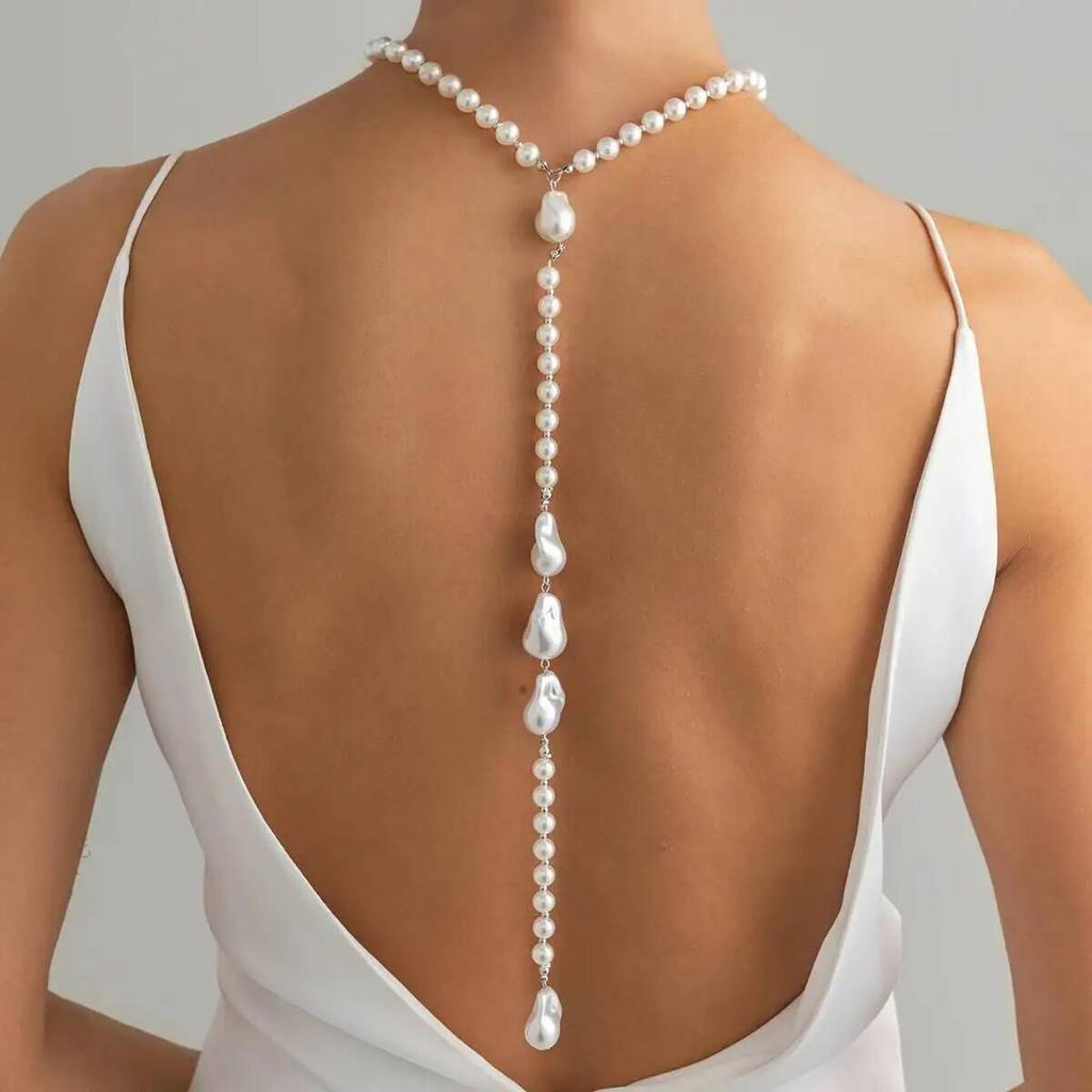 Ingemark Sexy Baroque Imitation Pearl Back Chain Clavicle Choker Women Retro Tassel Necklace Wedding Jewelry Bikini Chest Chain