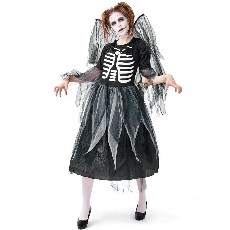 Cosplay color Halloween party costume adult zombie skeleton print fallen angel dress mesh dress
