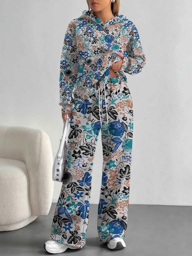 Retro Pattern Splicing European And American Autumn And Winter Casual Long-Sleeved Suit Women'S Hooded Sweater Trousers Cover