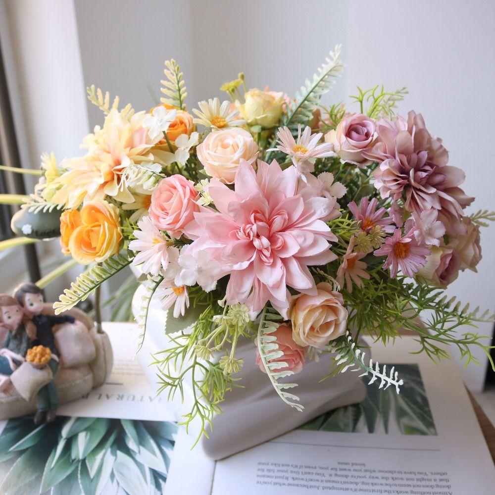 Шелковый материал Дизайн шелковых георгин и гортензий Искусственные шелковые цветы Декор для вечеринки, свадьбы, дома