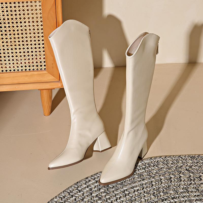 2024 новые эластичные сапоги с острым толстым каблуком и V-образным вырезом женские сапоги с тонкой молнией сзади, но высокие сапоги-рыцари до колена