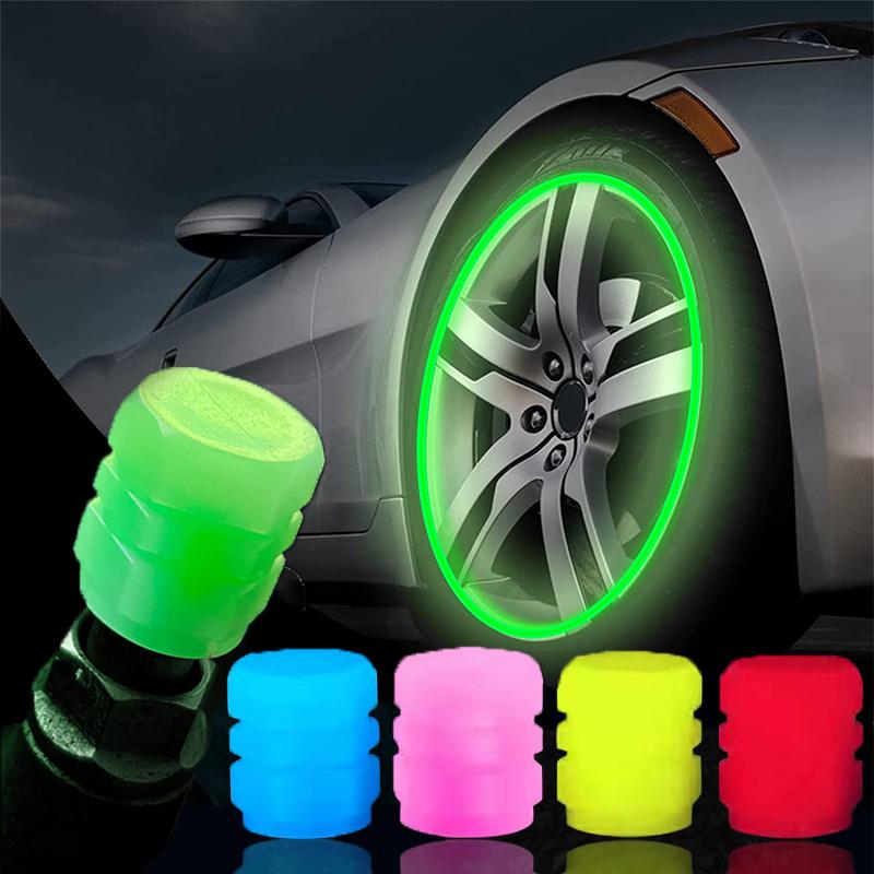 4pcs Luminous Valve Caps Fluorescent Night Glowing Car Motorcycle Bicycle Bike Wheel Tyre Hub Luminous Valve Stem Caps Decors