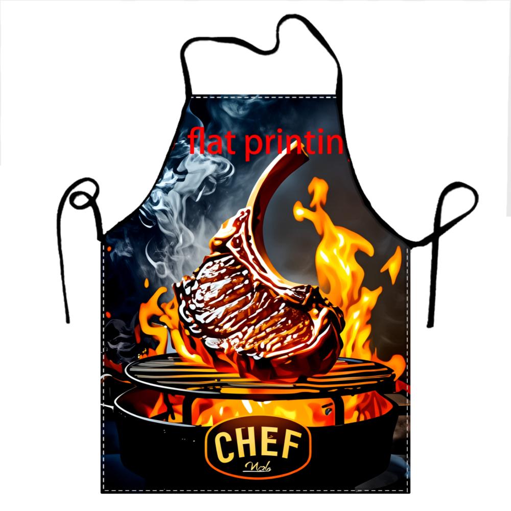 Chef Apron With Grilled Steak And Flames Design For Cooking Barbecue And Kitchen Use