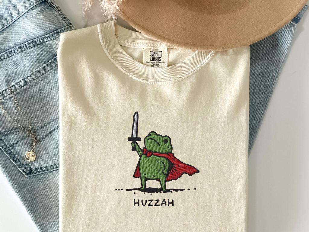 Huzzah Frog with Sword Medieval Embroidered T-Shirt: Funny Toad Renaissance Faire Cute Gift Tee - Whimsical Frog Knight Embroidery