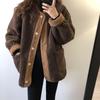 Korean Style Lamb Wool Corduroy Patchwork Coat - Women's Round Neck Loose Fit for Autumn and Winter