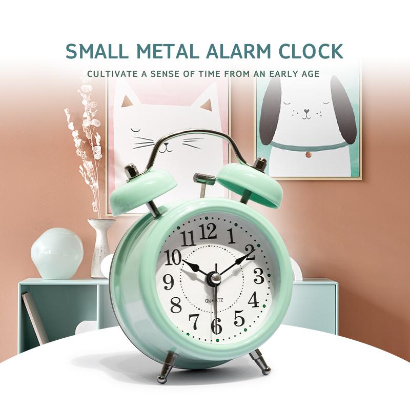 Metal Modern Circular Analog Alarm Clock Backlight Children's Bedroom Study Silent Quartz Classic Retro Double Bell Desk Clock